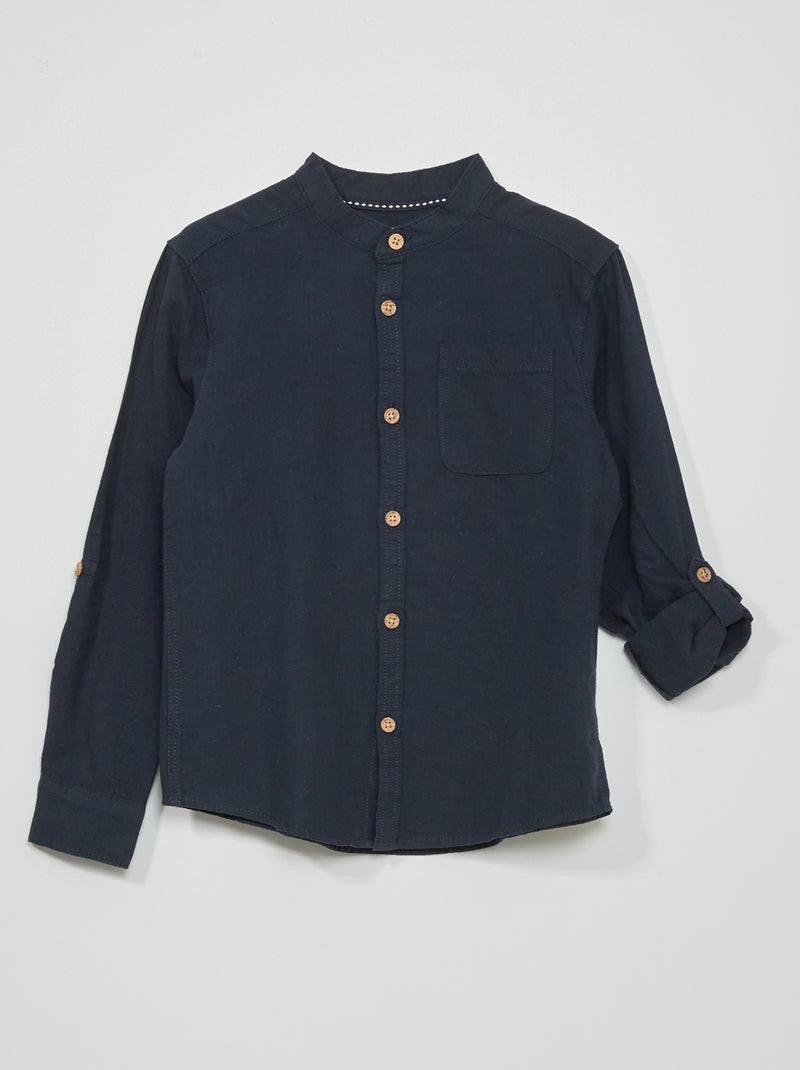 Camisa em linho com gola mao Azul Marinho - Kiabi