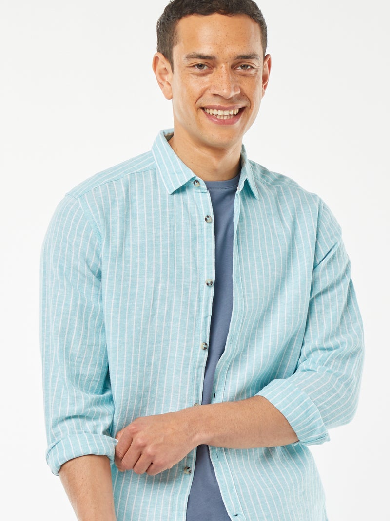 Camisa em mistura de linho às riscas AZUL - Kiabi