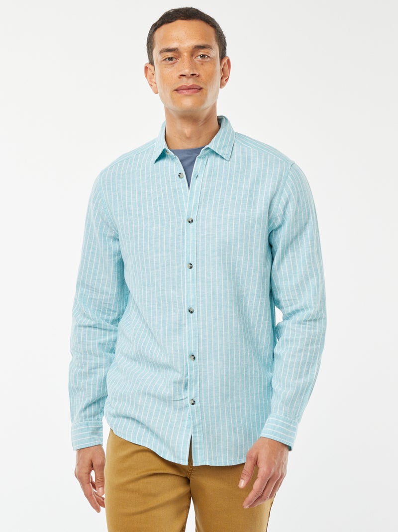 Camisa em mistura de linho às riscas AZUL - Kiabi