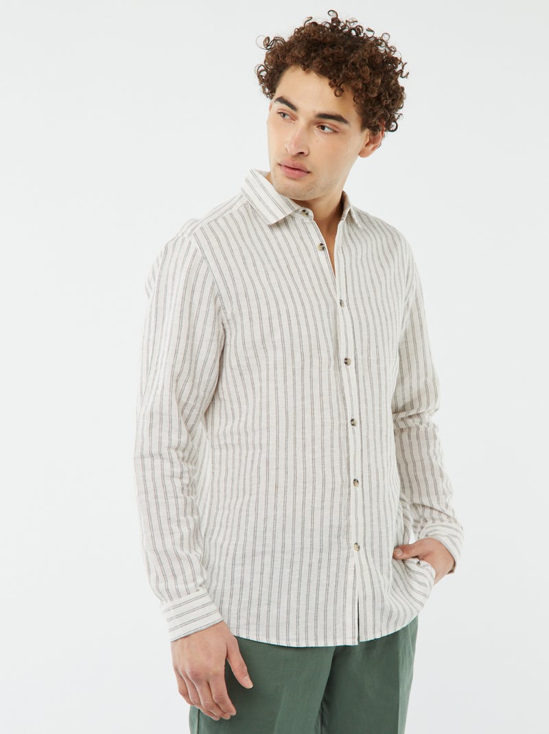 Camisa em mistura de linho às riscas BEGE - Kiabi