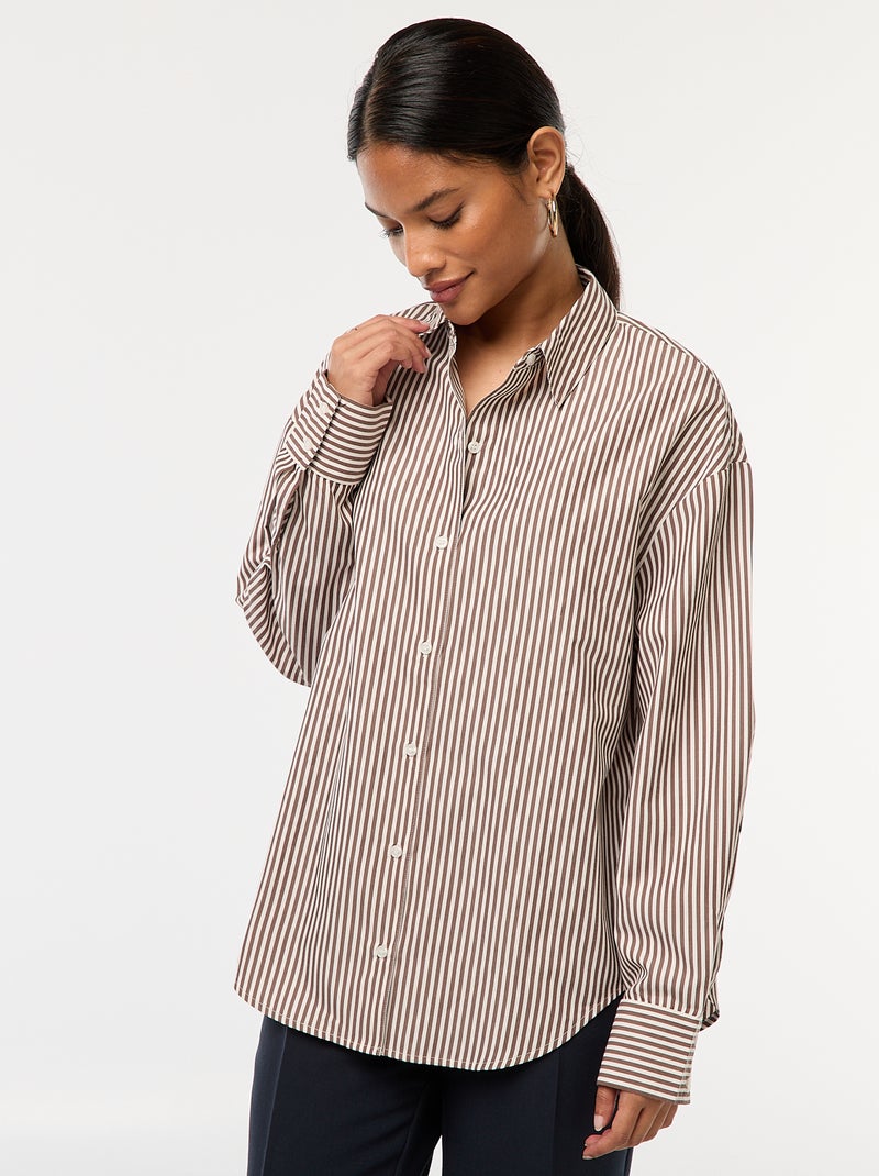 Camisa em popelina às riscas Castanho - Kiabi