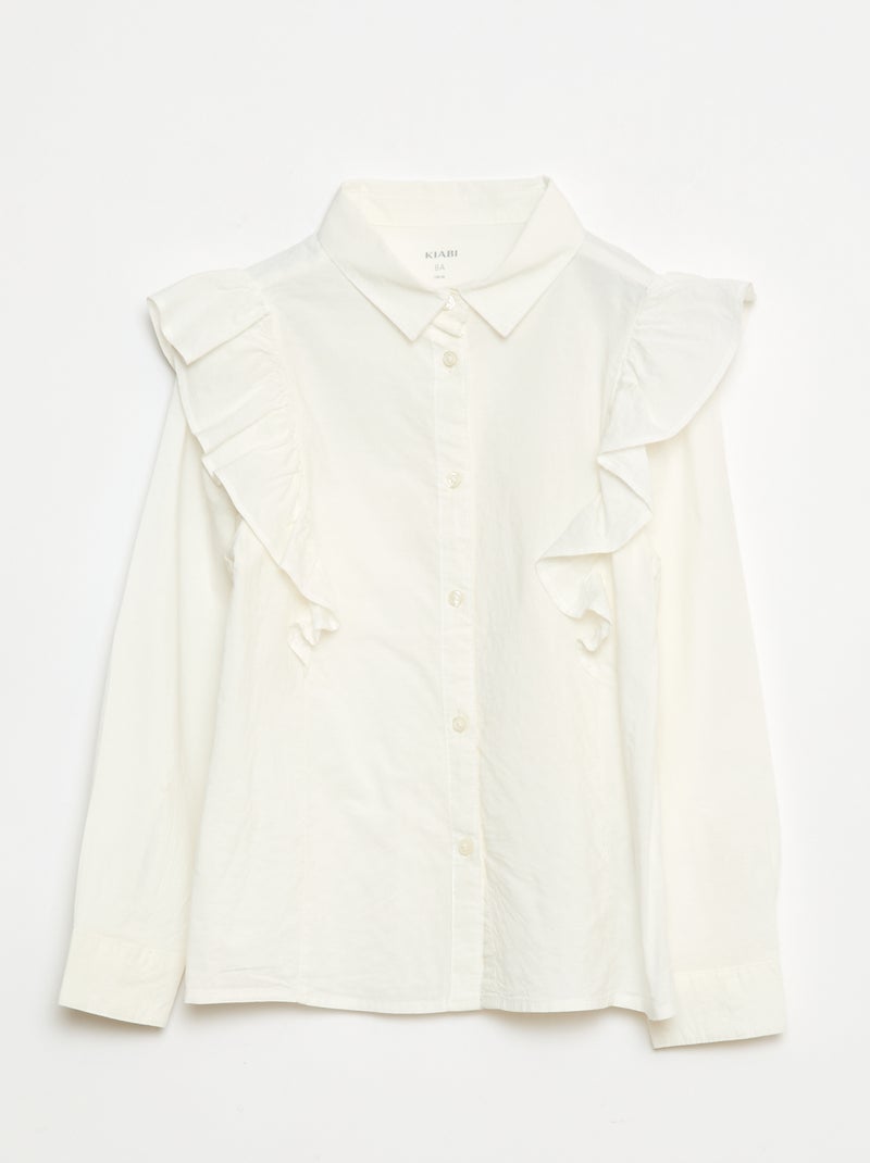 Camisa em popelina com folhos Branco - Kiabi