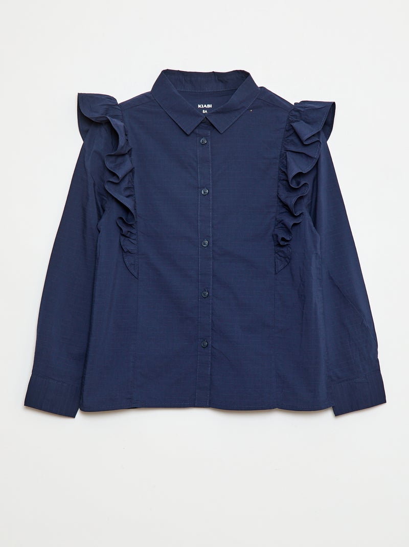 Camisa em popelina com folhos Preto - Kiabi