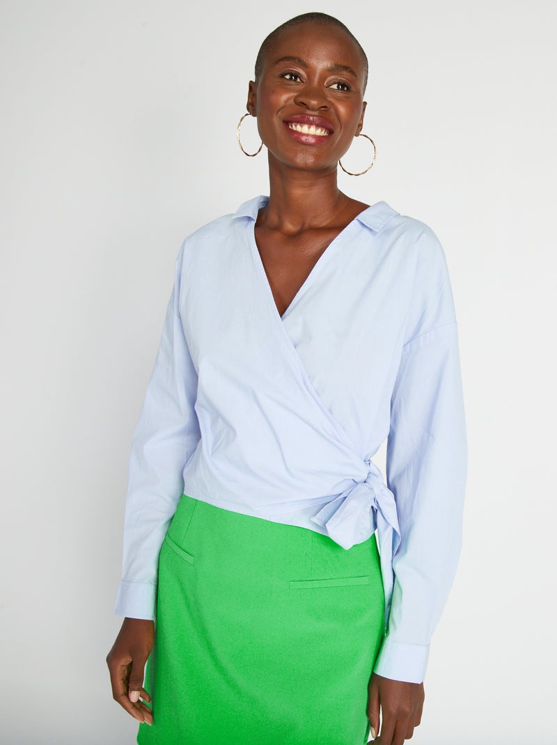 Camisa em popelina com laço à frente Azul - Kiabi