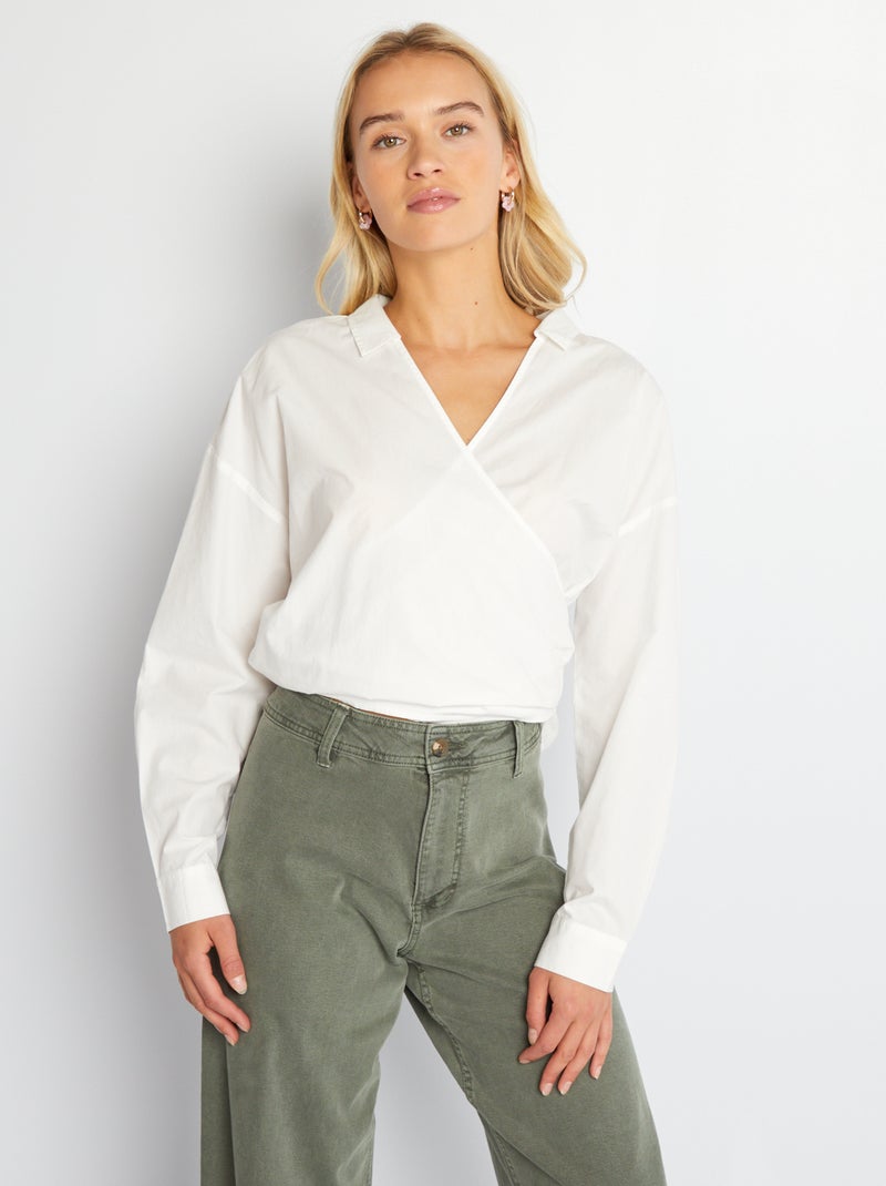 Camisa em popelina com laço à frente Branco - Kiabi