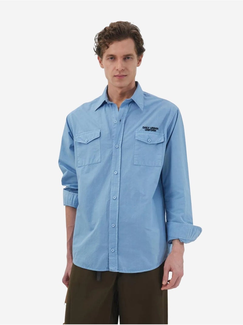 Camisa em popelina de algodão com estampagem de texto para homem giesto Azul claro - Kiabi