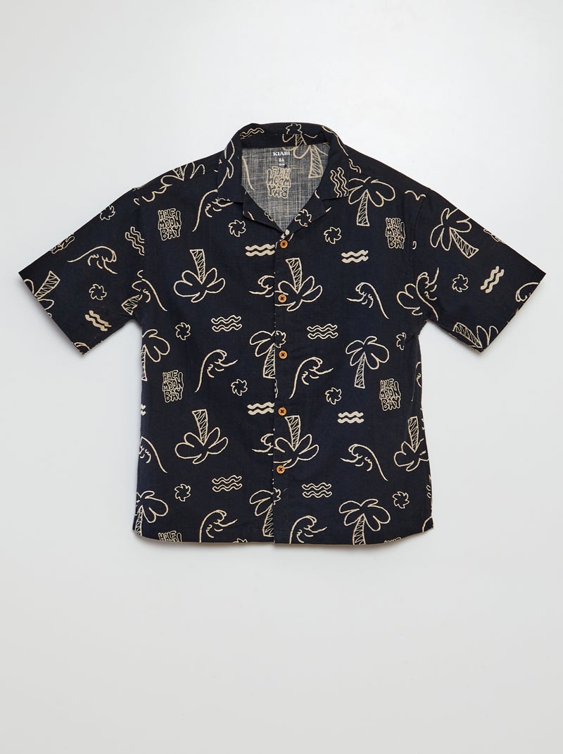 Camisa estampada de manga curta e gola de pijama PRETO - Kiabi