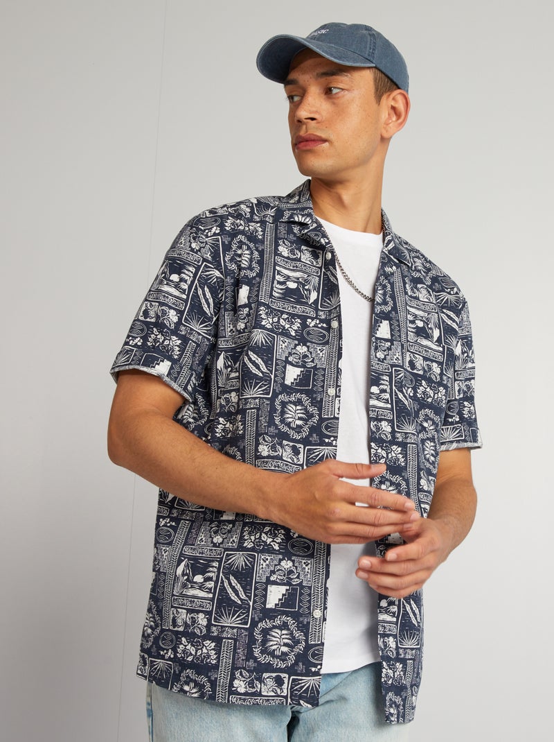 Camisa estampada em linho misturado AZUL - Kiabi