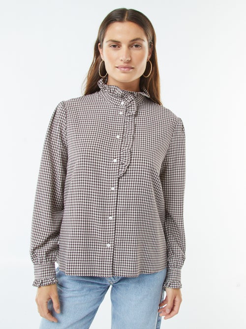 Camisa estampada vichy com folhos - Kiabi