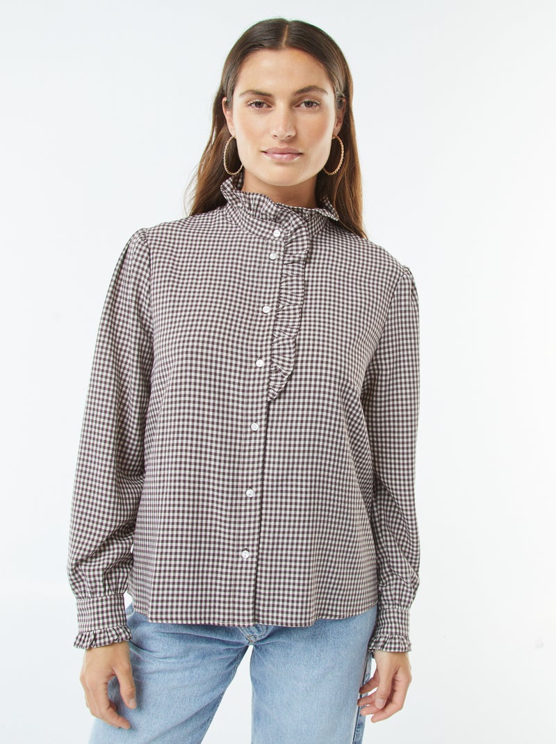 Camisa estampada vichy com folhos Castanho - Kiabi