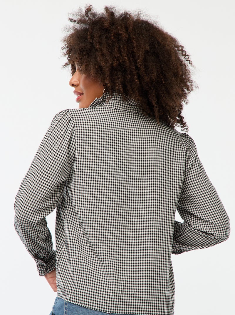 Camisa estampada vichy com folhos Preto - Kiabi