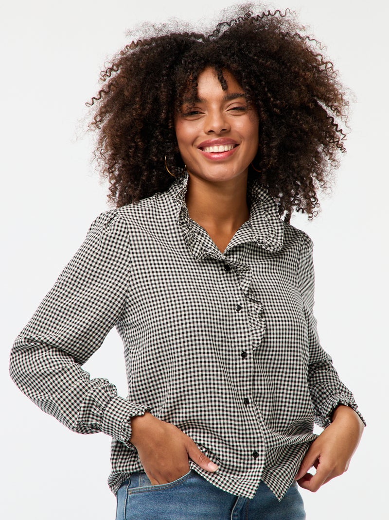 Camisa estampada vichy com folhos Preto - Kiabi