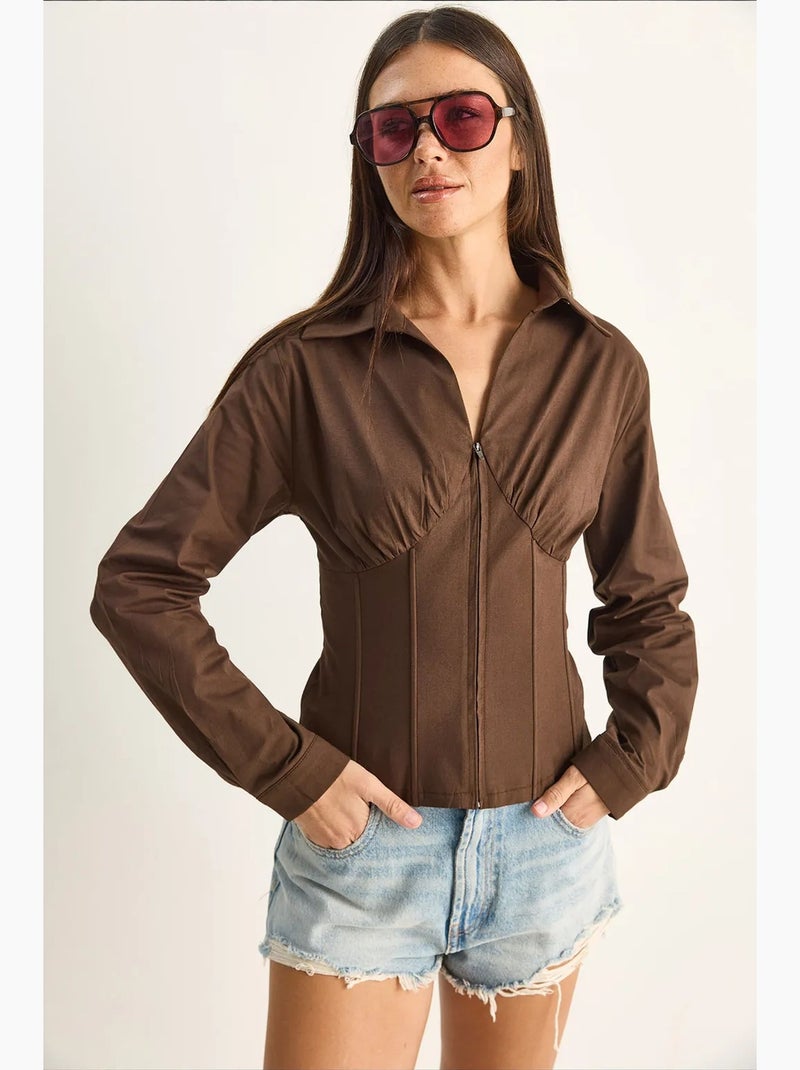 Camisa feminina de algodão e poliéster lucci Castanho - Kiabi