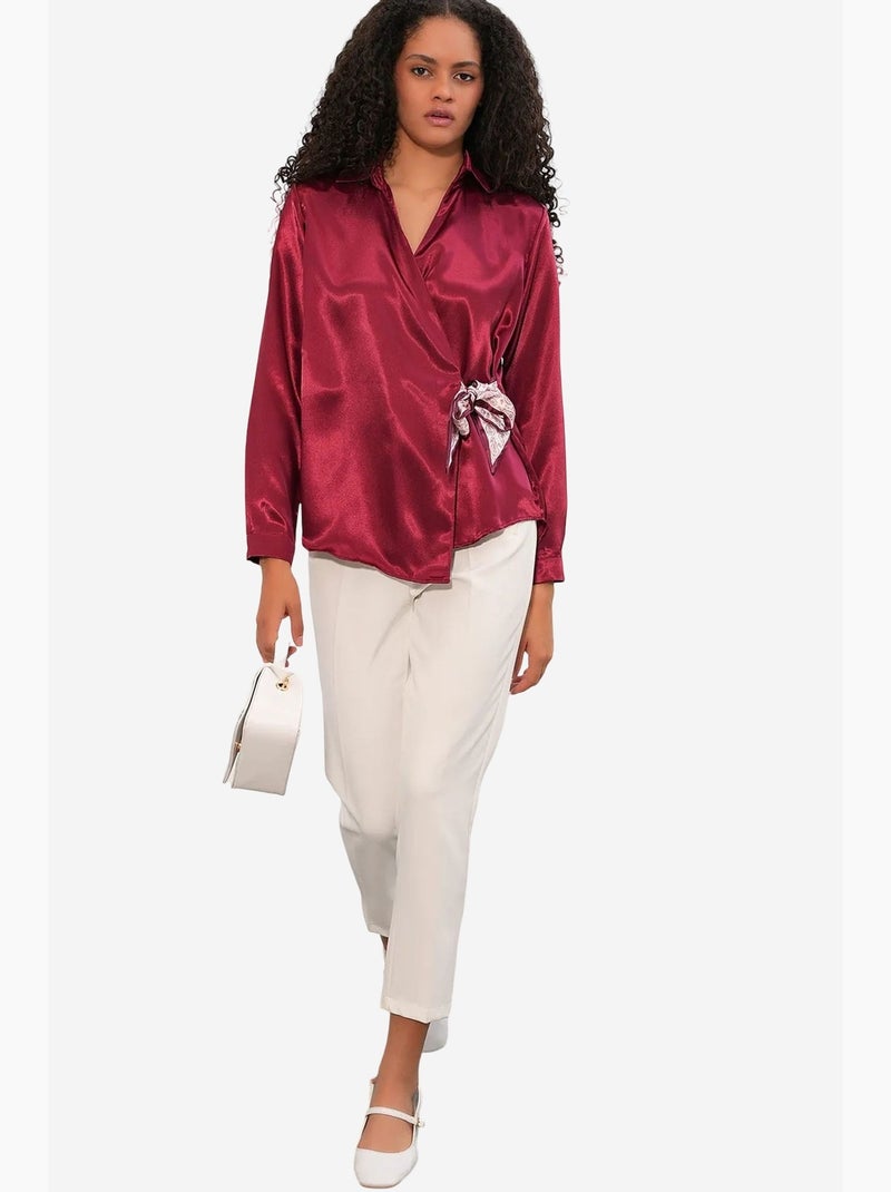 Camisa feminina de cetim com amarração frontal bdart Vermelho bordô - Kiabi
