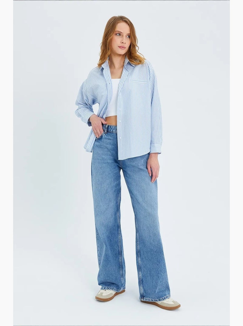 Camisa feminina de poliéster mixray Azul Branco - Kiabi