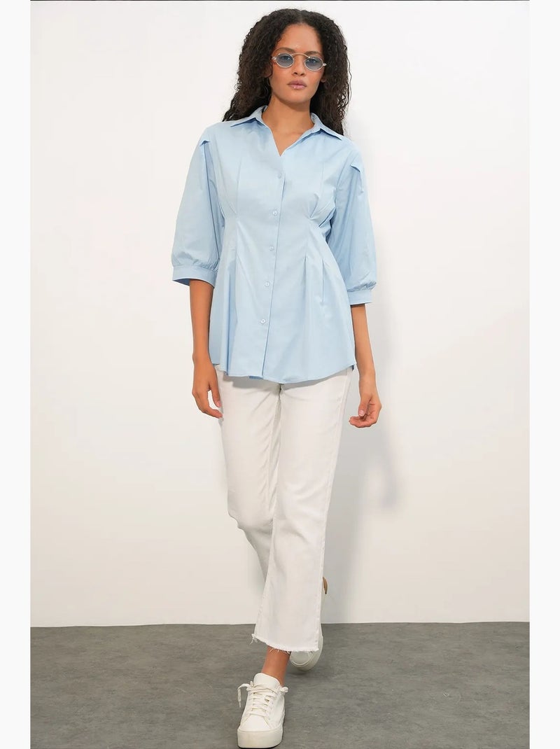 Camisa feminina em mistura de algodão bdart Azul-céu - Kiabi