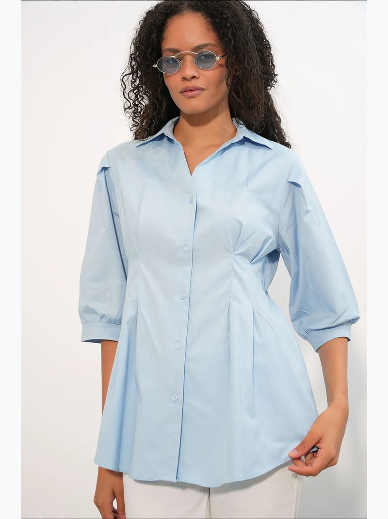 Camisa feminina em mistura de algodão bdart Azul-céu - Kiabi