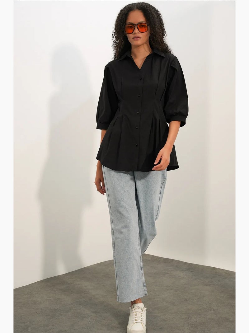 Camisa feminina em mistura de algodão bdart Preto - Kiabi