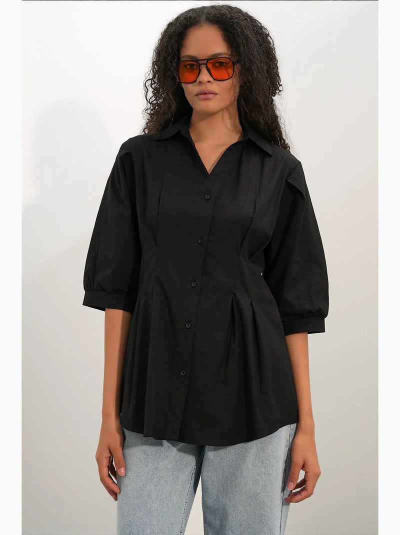 Camisa feminina em mistura de algodão bdart Preto - Kiabi