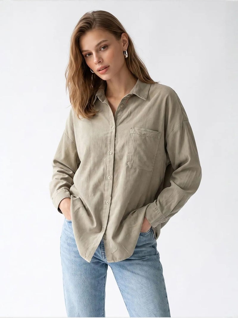 Camisa feminina em tencel mixray Cáqui - Kiabi