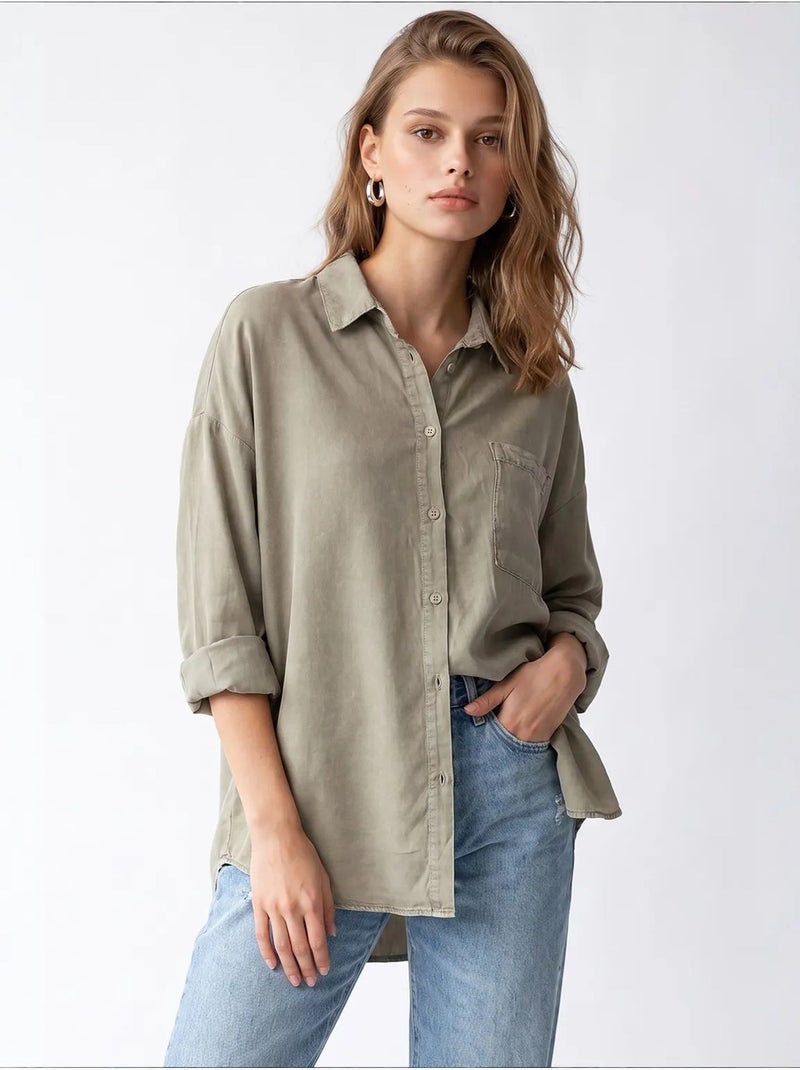 Camisa feminina em tencel mixray Cáqui - Kiabi