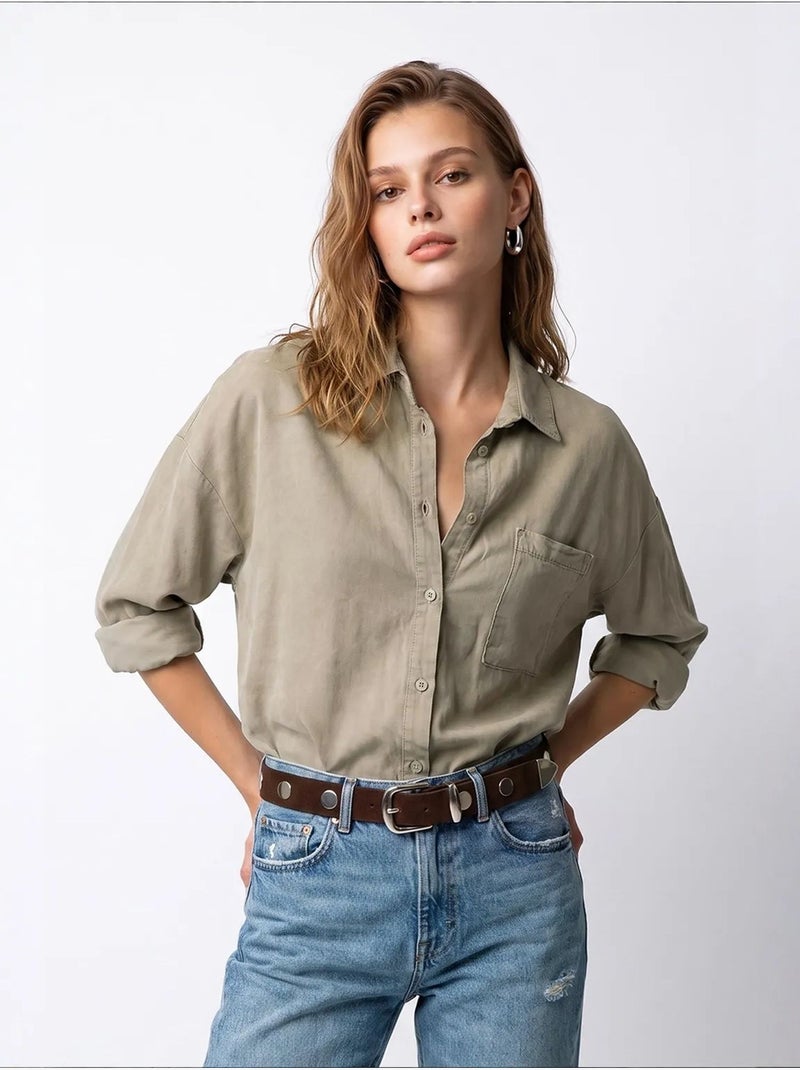 Camisa feminina em tencel mixray Cáqui - Kiabi
