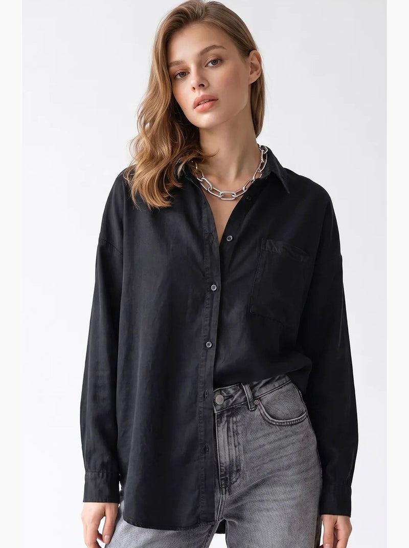 Camisa feminina em tencel mixray Preto - Kiabi