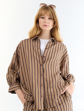 Camisa fluida às riscas com mangas balão