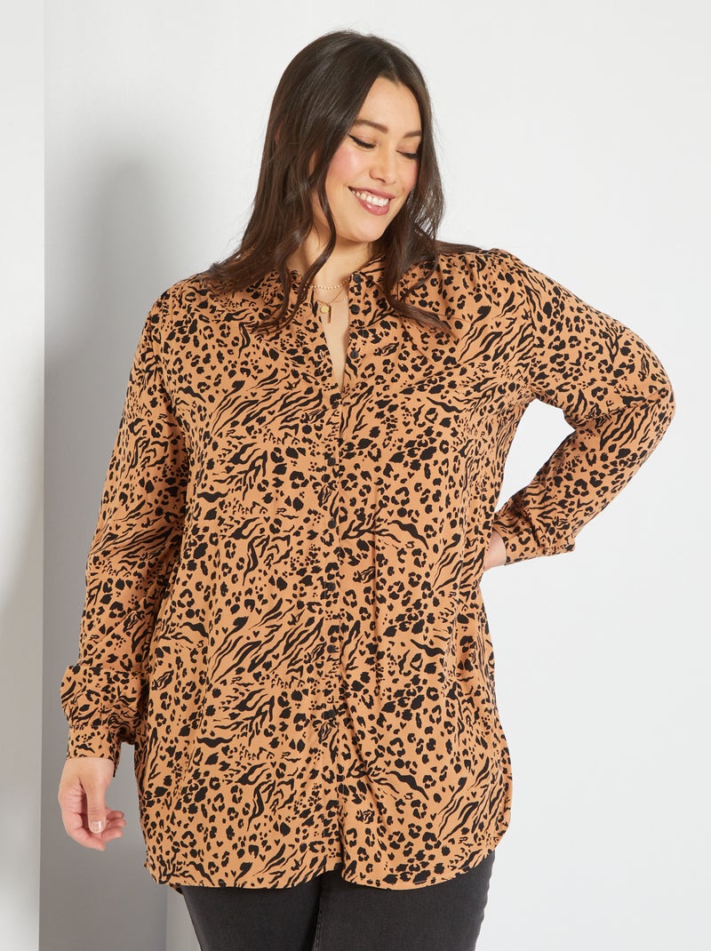 Camisa fluida com colarinho italiano BEGE - Kiabi
