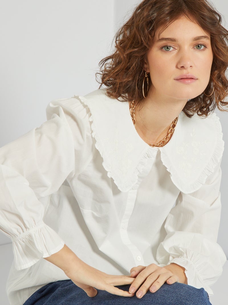 Camisa gola claudine bordada Branco - Kiabi