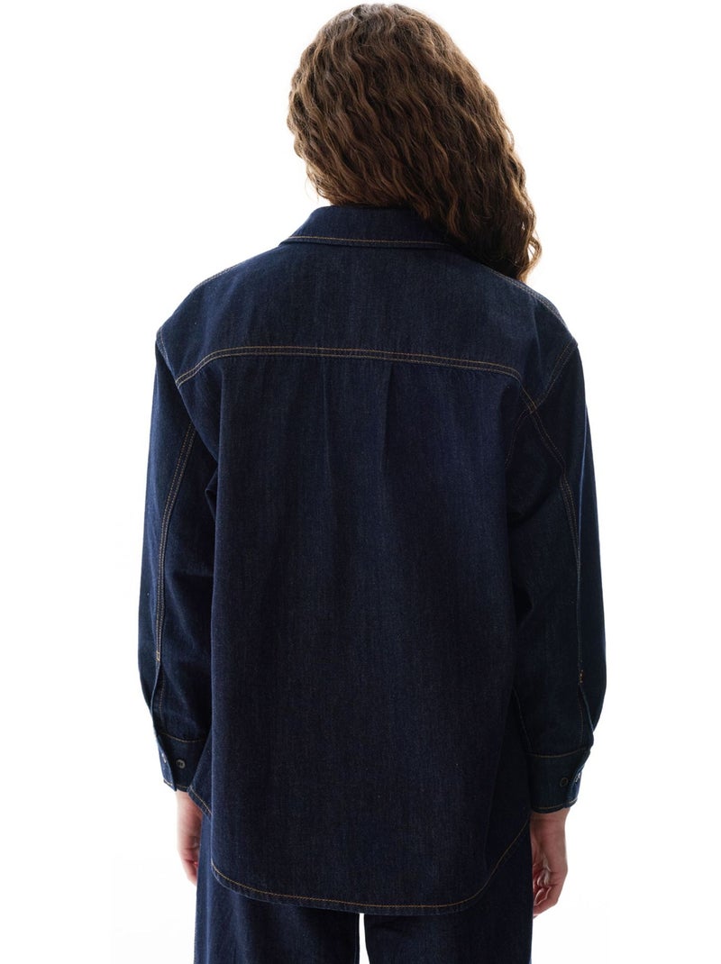 Camisa jeans com gola polo, botões e manga comprida penti Azul-ultramar - Kiabi