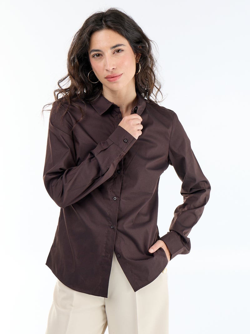Camisa justa com colarinho italiano Castanho - Kiabi
