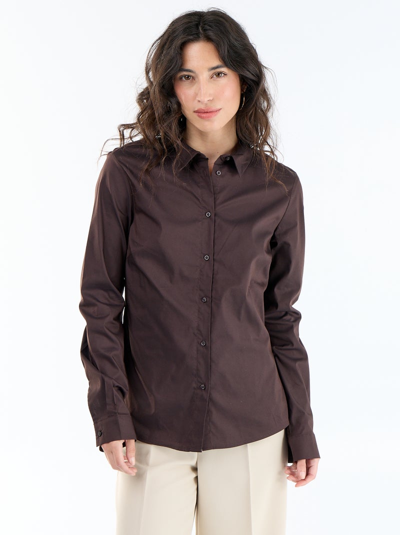 Camisa justa com colarinho italiano Castanho - Kiabi