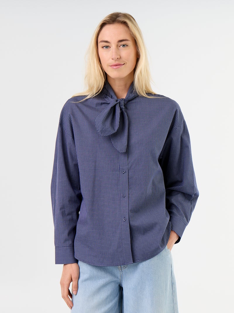 Camisa larga de manga comprida e gola com laço Azul - Kiabi