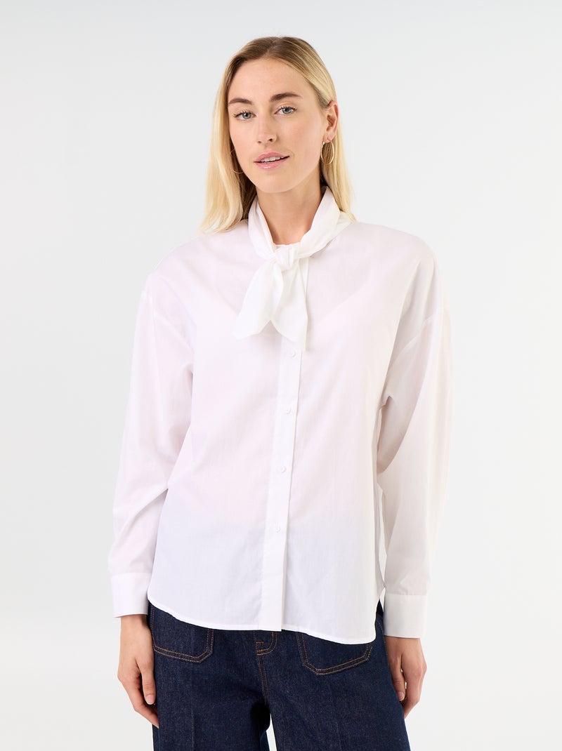 Camisa larga de manga comprida e gola com laço Branco - Kiabi