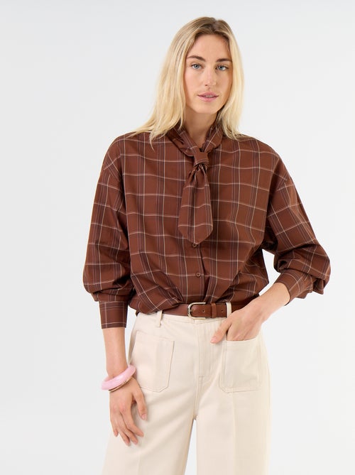 Camisa larga de manga comprida e gola com laço - Kiabi