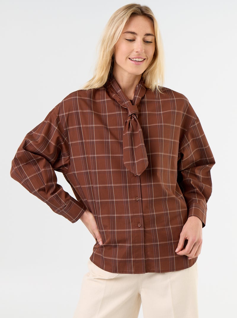 Camisa larga de manga comprida e gola com laço Castanho - Kiabi