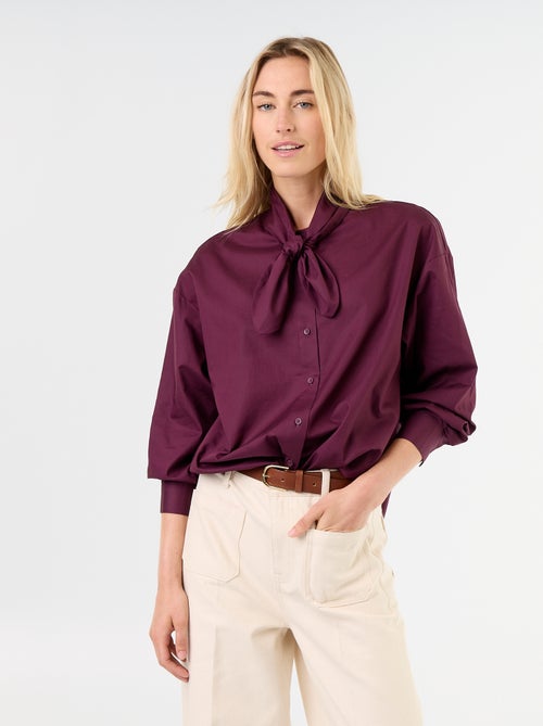 Camisa larga de manga comprida e gola com laço - Kiabi