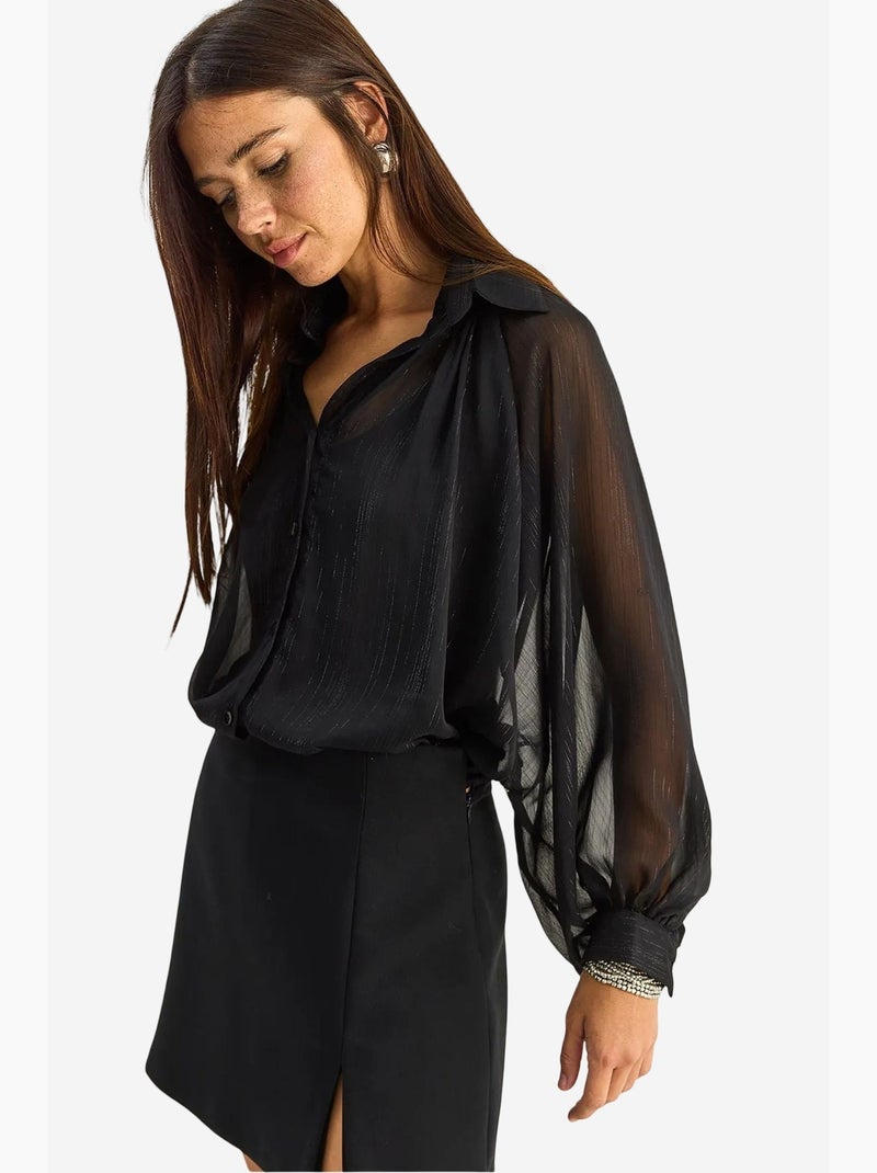 Camisa larga e solta em chiffon de algodão lucci Preto - Kiabi