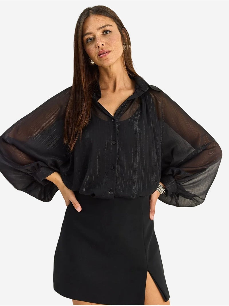 Camisa larga e solta em chiffon de algodão lucci Preto - Kiabi