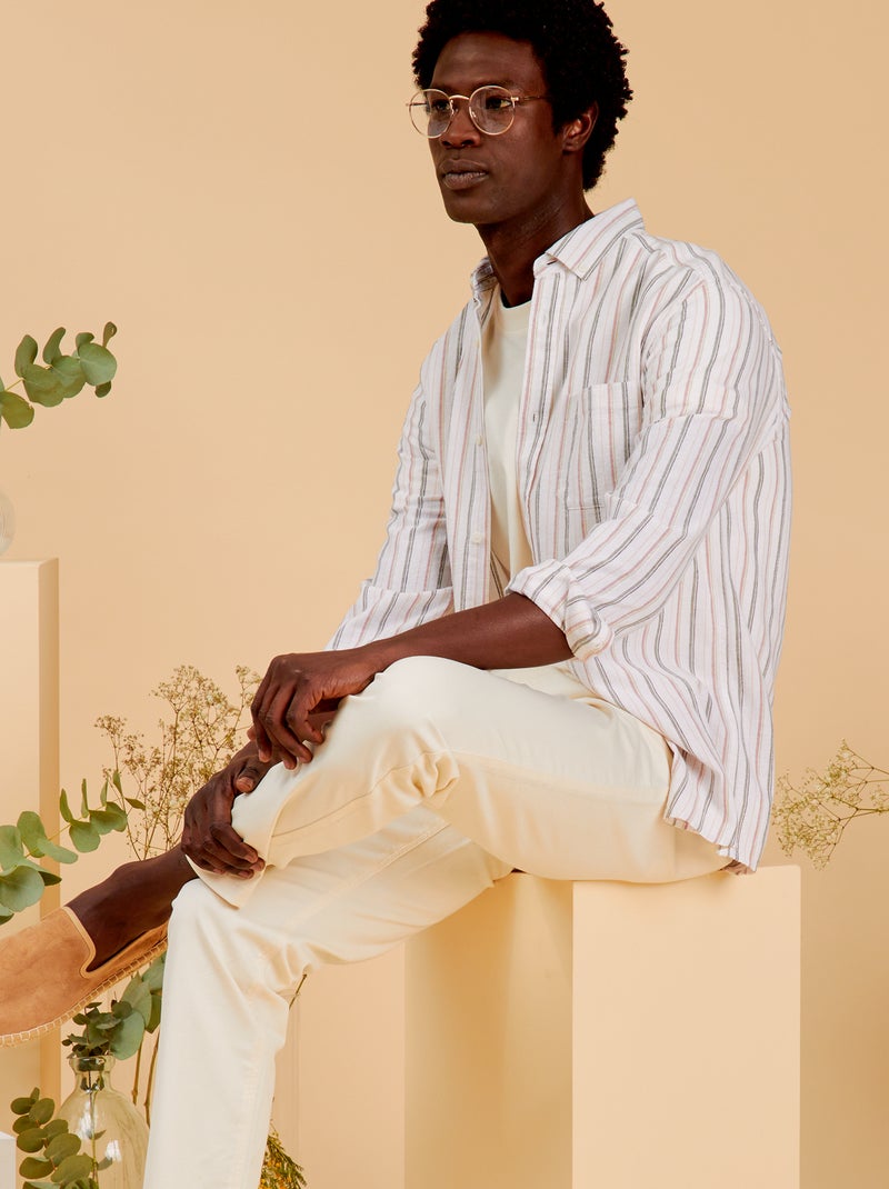 Camisa leve às riscas em algodão e linho BRANCO - Kiabi
