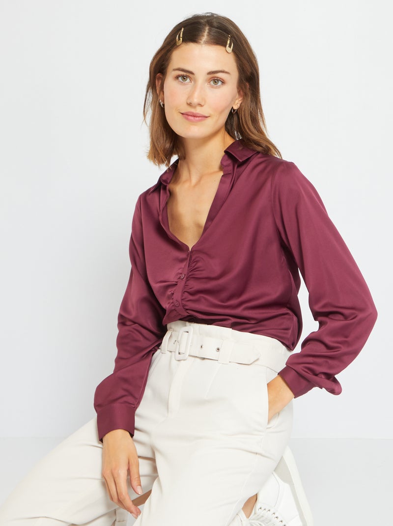 Camisa lisa com efeito acetinado Vermelho Vinho - Kiabi