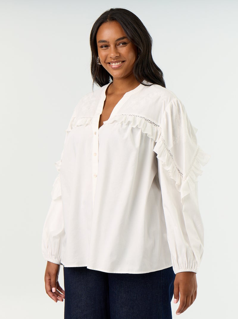 Camisa lisa com folhos Branco - Kiabi