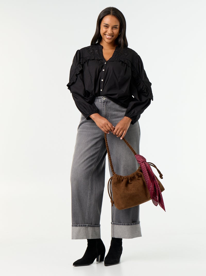 Camisa lisa com folhos Preto - Kiabi
