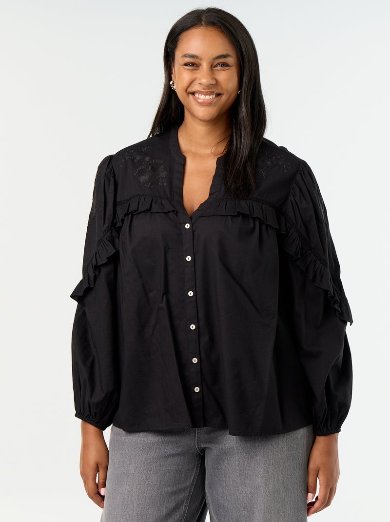 Camisa lisa com folhos Preto - Kiabi