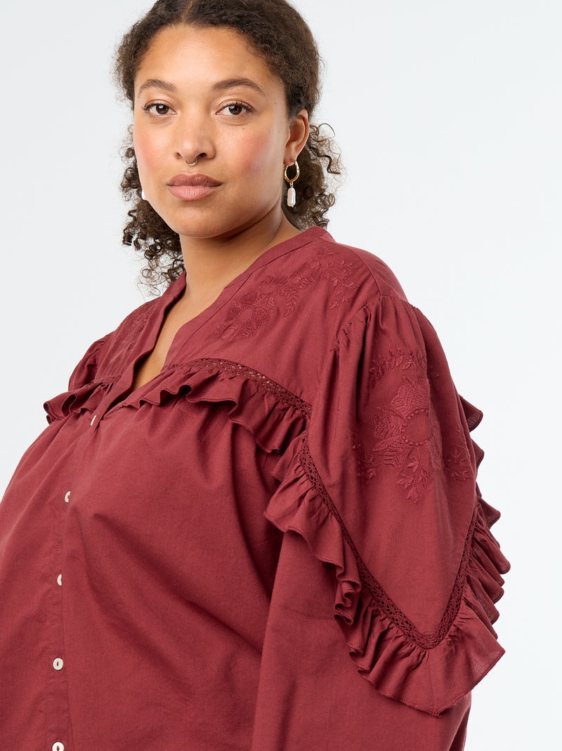 Camisa lisa com folhos Vermelho - Kiabi