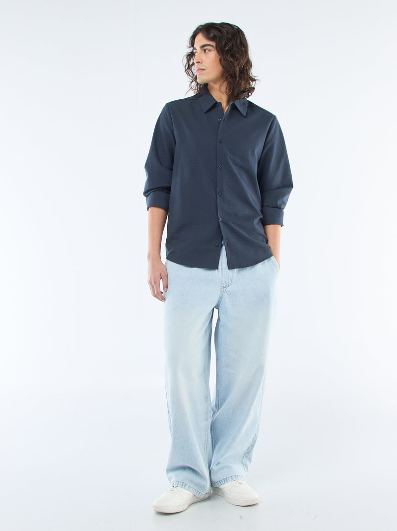 Camisa lisa com textura waffle Azul - Kiabi