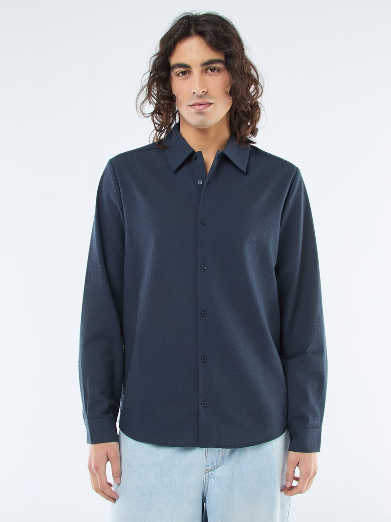 Camisa lisa com textura waffle Azul - Kiabi
