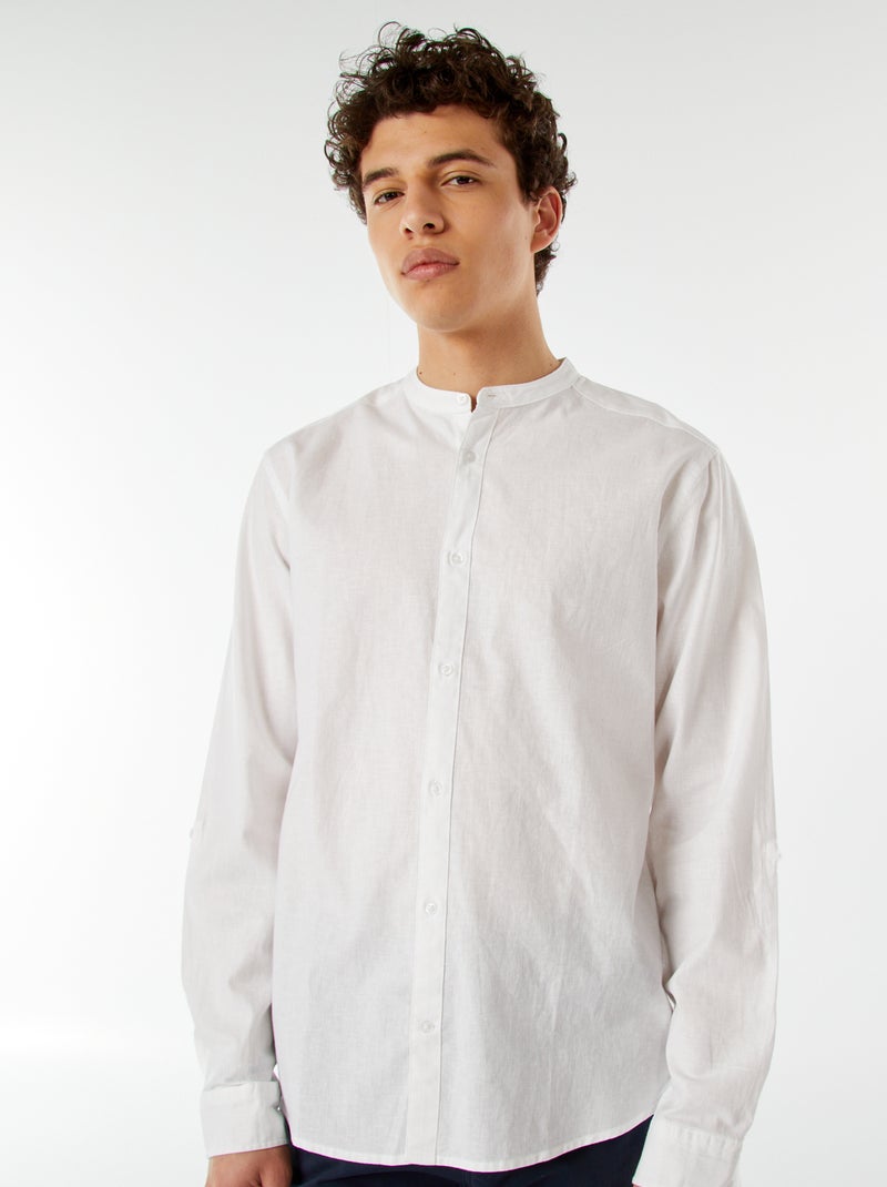 Camisa lisa de gola mao com mangas que podem ser dobradas Branco - Kiabi