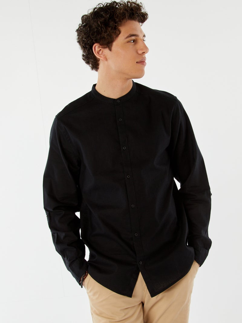 Camisa lisa de gola mao com mangas que podem ser dobradas Preto - Kiabi